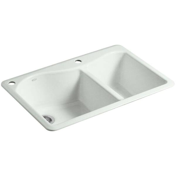 KOHLER Lawnfield Drop-In Cast Iron 33 in. 2-Hole Double Bowl Kitchen Sink in Sea Salt