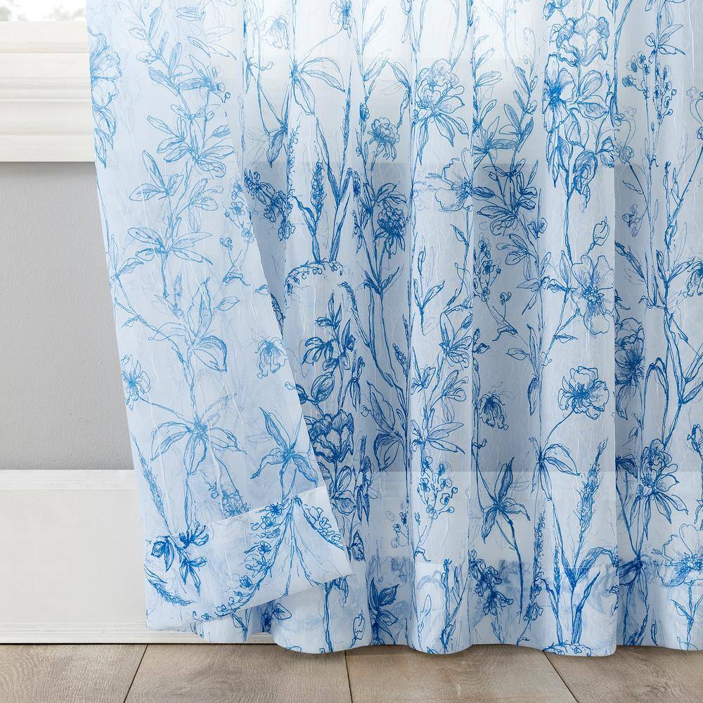 Chinoiserie Blue Sheer Floral Rod Pocket Curtain Panel