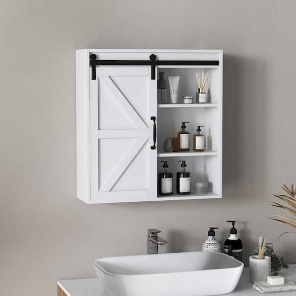 22 in. W x 24 in. H Rectangular White Surface Mount Medicine Cabinet without Mirror, Adjustable Shelf, Sliding Barn Door