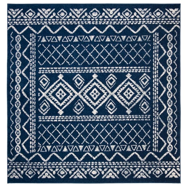 SAFAVIEH Tulum Navy/Ivory Doormat 3 ft. x 3 ft. Square Tribal Distressed Border Area Rug