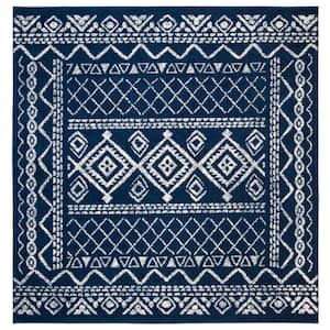 Tulum Navy/Ivory 5 ft. x 5 ft. Square Tribal Distressed Border Area Rug