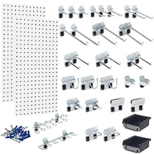 (2) 18 in. W x 36 in. H White Steel Square Hole Pegboards with 30-piece LocHook Assortment and Hanging Bin System