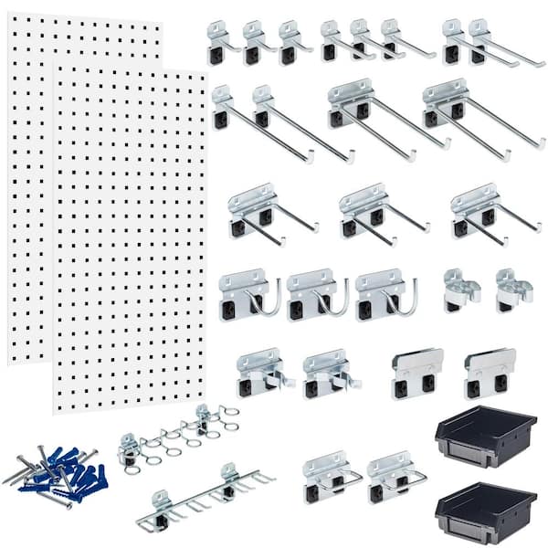 Triton Products (2) 18 in. W x 36 in. H White Steel Square Hole Pegboards with 30-piece LocHook Assortment and Hanging Bin System