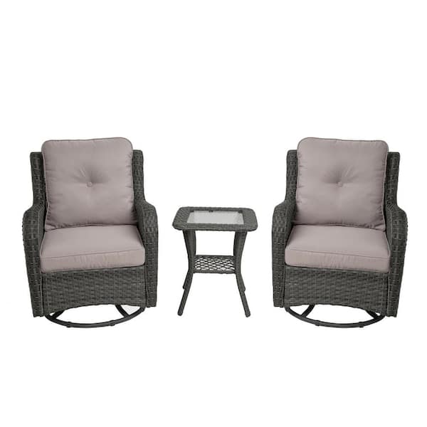 Uixe 2-Piece Patio Swivel Wicker Outdoor Rocking Chairs with Light Gray Cushion and Side Table Sets for Porch Deck (Set of 2)