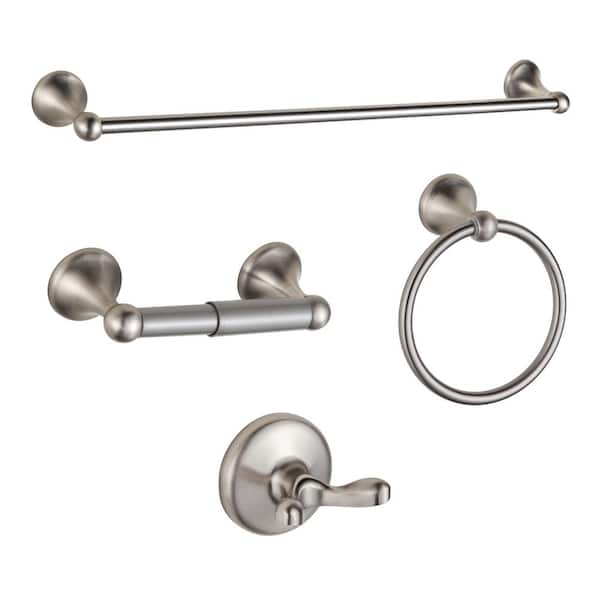 24 in. Wall Mounted Adjustable Expandable Durable Metal Towel Bar, 4-Piece Bathroom Hardware Set in Brushed Nickel