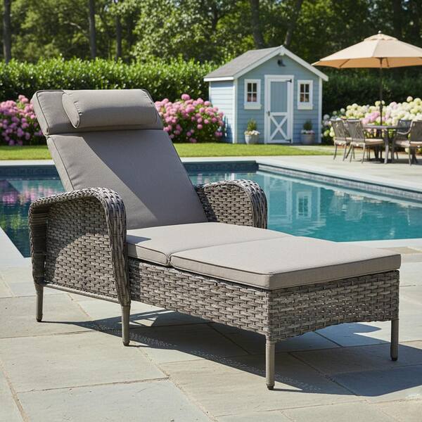 Gray Wicker Outdoor Folding Chaise Lounge Chair Fully Flat for Patio with CushionGuard Gray Seat Back Cushion