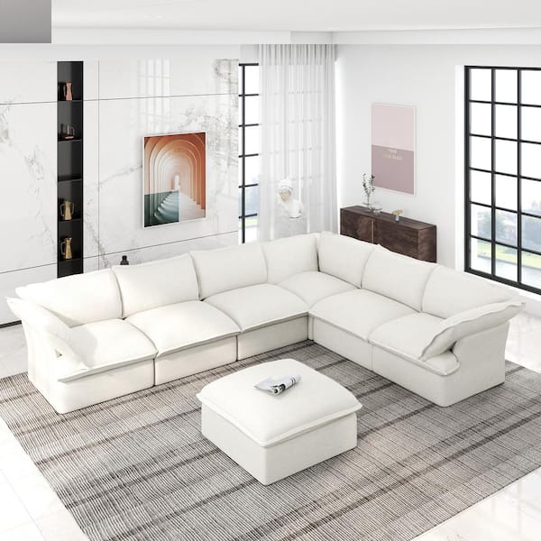 163 in. Flared Arm 7-Piece Linen Overstuffed Cloud Couch Pine Wood L-Shaped Sectional Sofa in White with Storage Ottoman