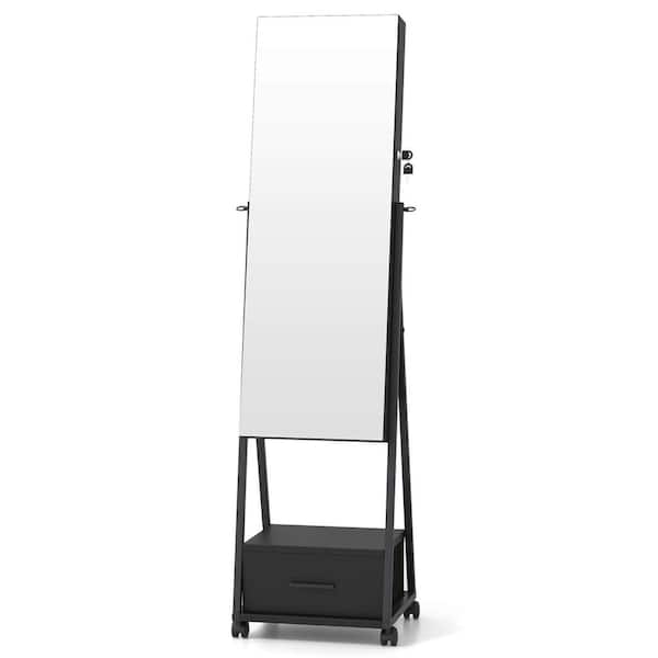 Costway Black Jewelry Cabinet Armoire Full Length Mirror Lockable with Bottom Drawer and Wheels