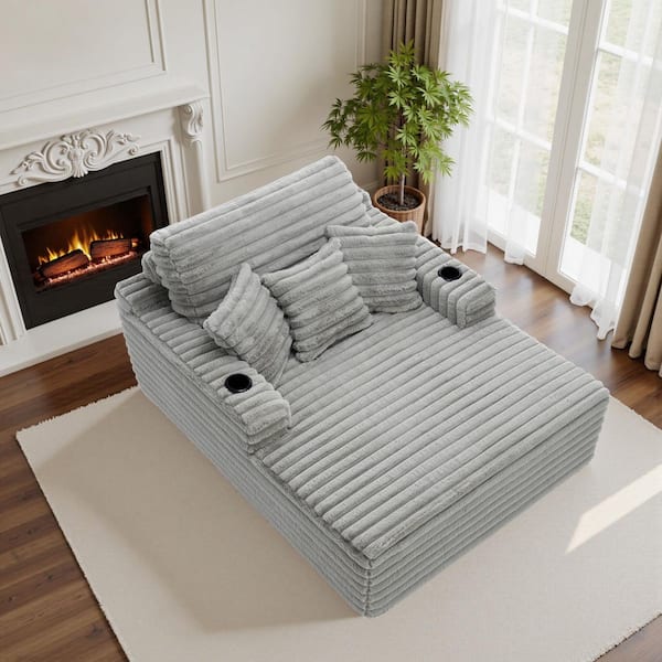 Modern Light Gray Faux Rabbit Fur Polyester Lazy Sofa 2-Arm Chaise Lounge With Cup Holders(Set of 1)