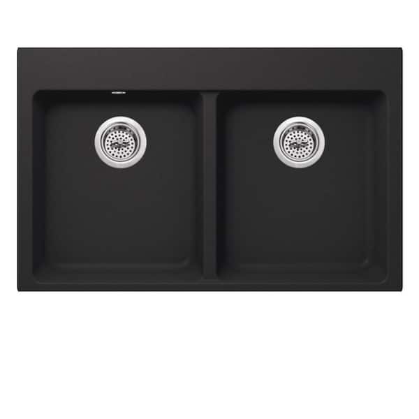 Cahaba Dual Mount Quartz 33 in. 50/50 Double Bowl Kitchen Sink in Onyx Black