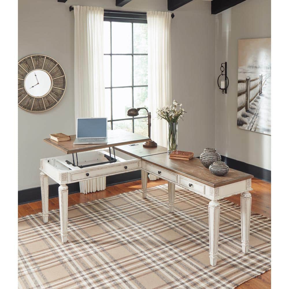 Rustic White & Brown Home Office Desk with Power Outlets and USB Ports
