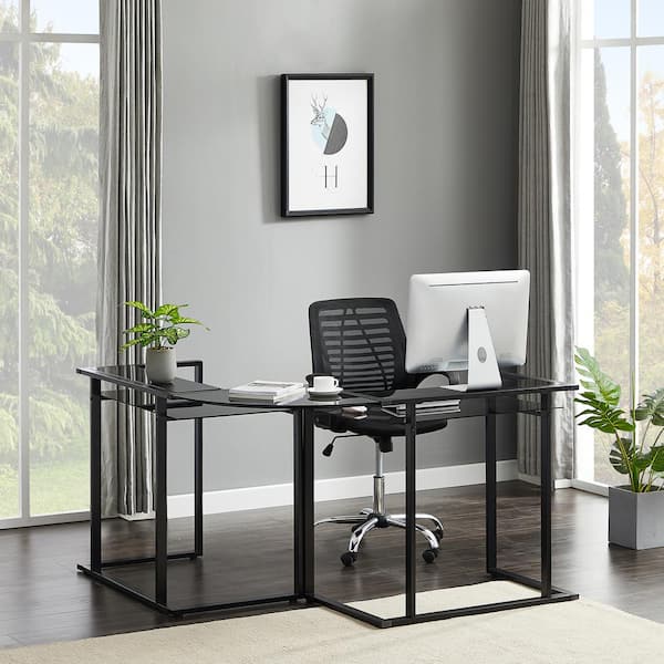 glass corner desk with shelf