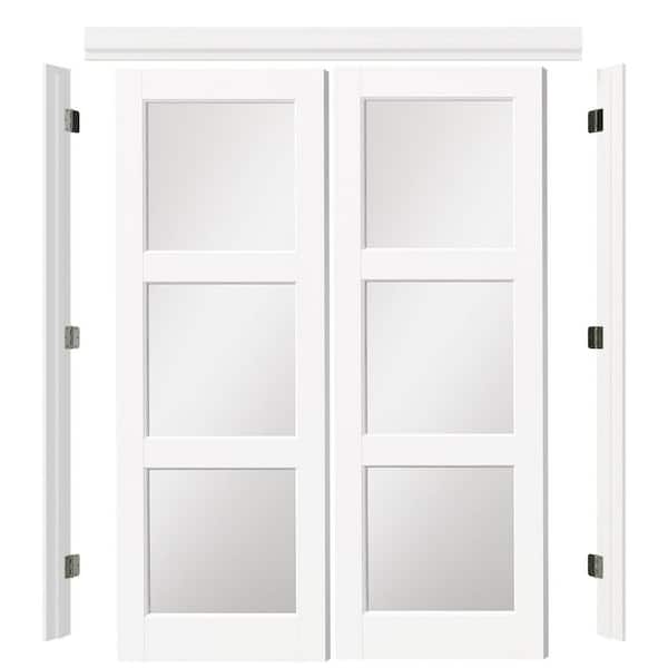 48 in. x 80 in. 3 Lite Mirrored Glass White Primed Pine Wood Universal Pre-hung French Door with Quick Assemble Jamb