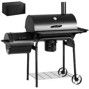 Outdoor Portable BBQ 28 in. Charcoal Grill in Black with Wheels and Smoker Combo for Patio, Camping, Picnics