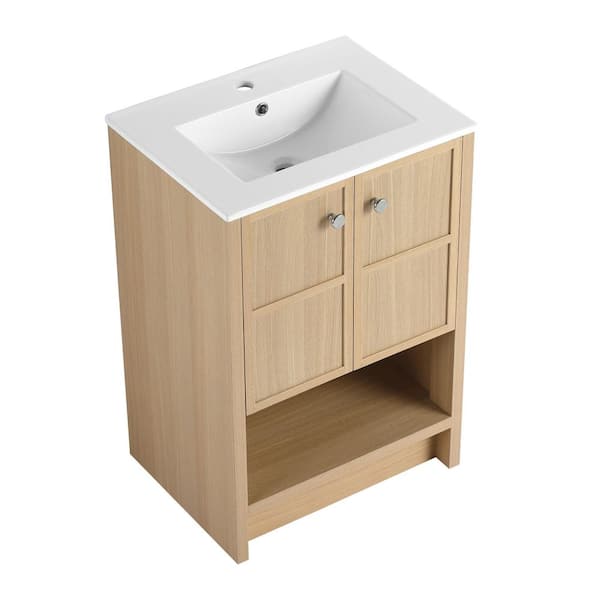 24 in. Single-Sink Freestanding Oak Bath Vanity with White Ceramic Top and 2-Soft Closing Door