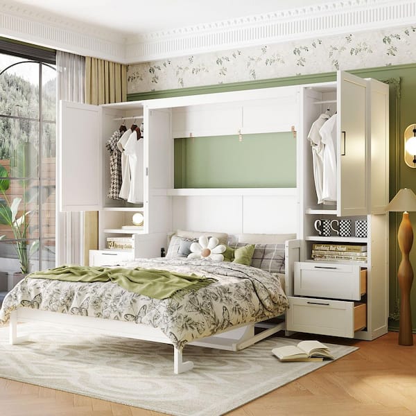 White Wood Frame Queen Murphy Bed with Closet, Drawers and Shelves