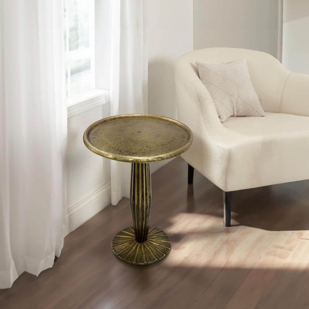 Antique Brass 12" Round Metal Side Table with Fluted Base