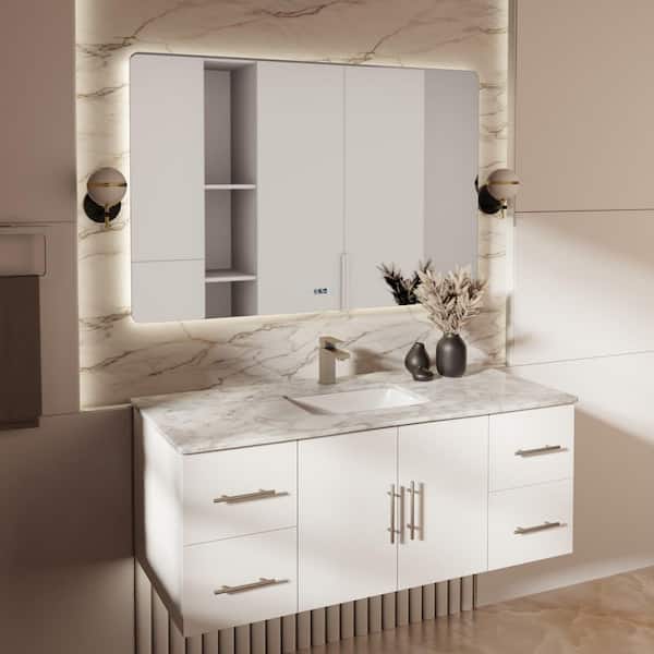 Geneva 48 in. W x 22 in. D Glossy White Bath Vanity, Carrara Marble Top, Faucet Set and 48 in. LED Mirror