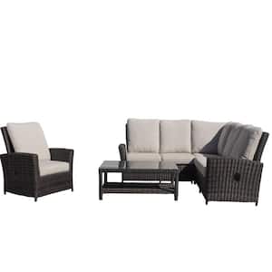 Cheshire 5-Piece Aluminum Recline Sectional Set with Club Chair and Coffee Table with Cream Cushions