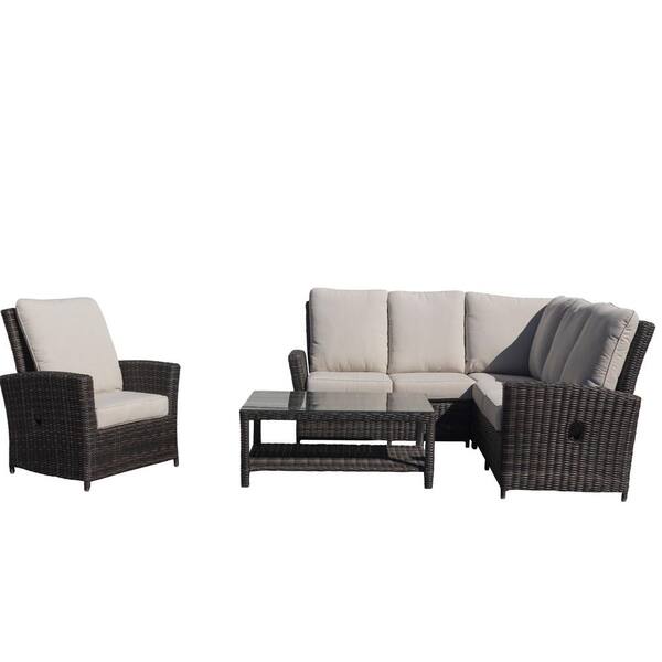 Courtyard Casual Cheshire 5-Piece Aluminum Recline Sectional Set with Club Chair and Coffee Table with Cream Cushions