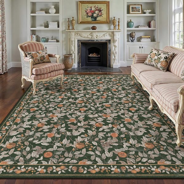 Pomegranate Floral 9 ft. X 12 ft. Green Area Rug