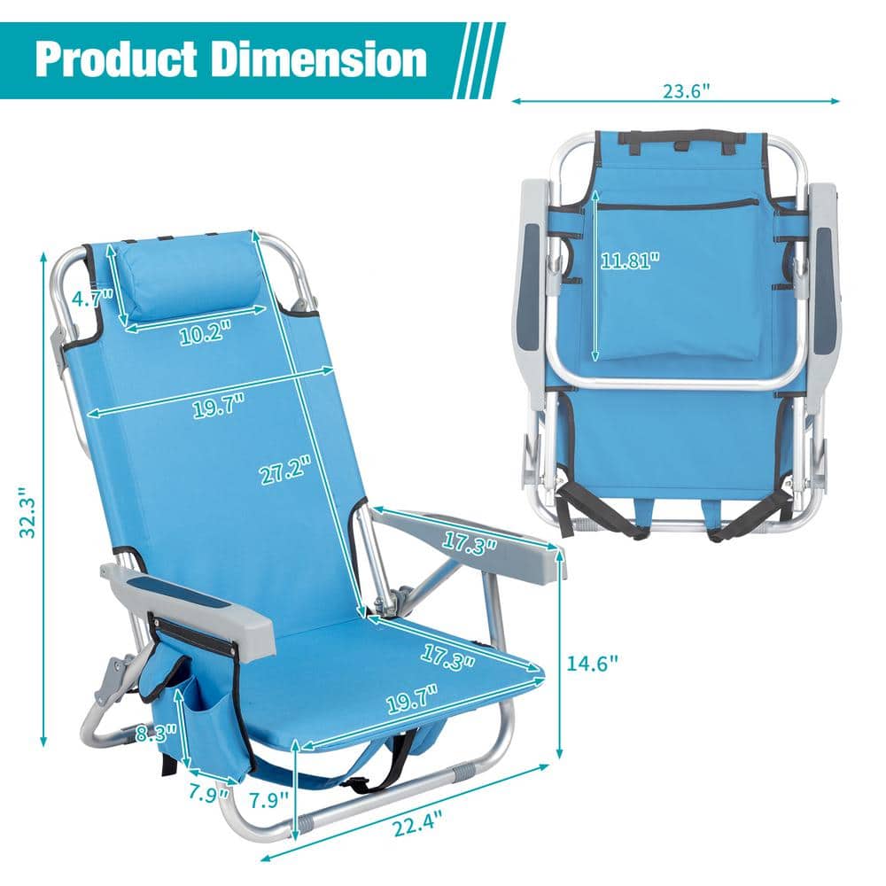 Blue Aluminum Folding Beach Chair with Armrest and Storage