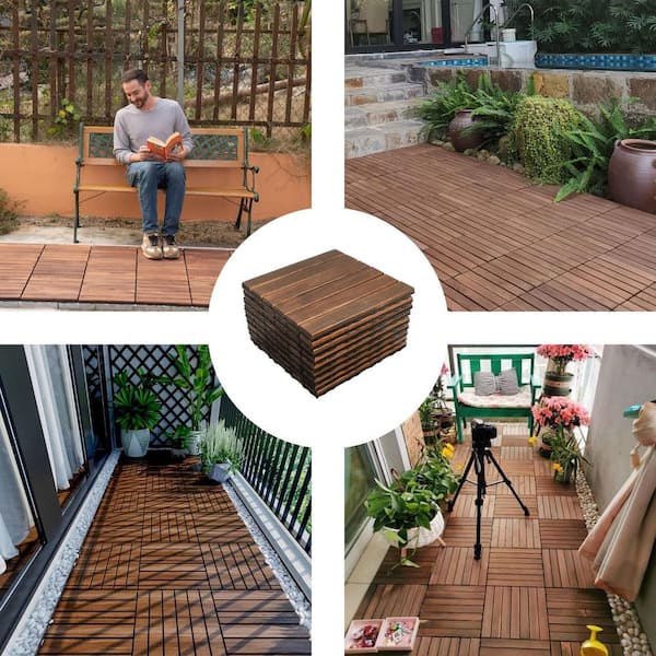 GOGEXX 12 in. x 12 in. Striped Pattern Acacia Wood Interlocking Flooring Deck Tiles Square Outdoor Patio Brown Pack of 20 Tiles