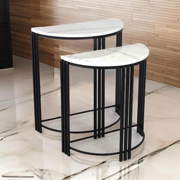 Benjara 19 in. Black and White Round Tile Plant Stand with 1-Tier (Set of 2)