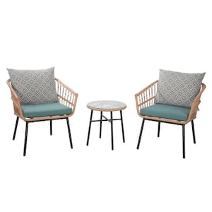 SJ 3-Piece Metal Outdoor Bistro Set with Turquoise Cushions
