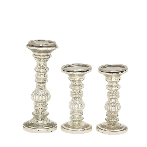 Pier 1 Imports clear glass fashion molded set of 2 candle holder pillars silver accent