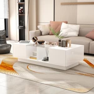 47.4 in. W White Rectangle Particle Board Wooden Coffee Table with 2 Drawers, Glass Table Top & 4 Open Shelves