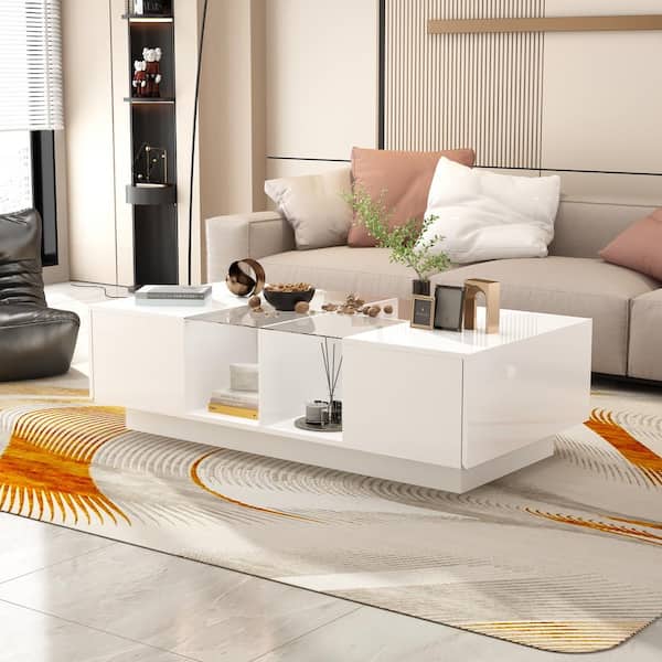 FUFU&GAGA 47.4 in. W White Rectangle Particle Board Wooden Coffee Table with 2 Drawers, Glass Table Top & 4 Open Shelves