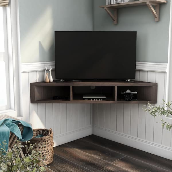 Emmeline 47 in. Walnut and Oak Particle Board Corner Floating TV Stand Fits TVs Up to 45 in. with Cable Management