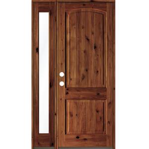 46 in. x 96 in. Rustic knotty alder Right-Hand/Inswing Clear Glass Red Chestnut Stain Wood Prehung Front Door w/Sidelite