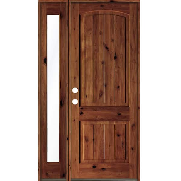 Krosswood Doors 50 in. x 96 in. Rustic knotty alder Right-Hand/Inswing Clear Glass Red Chestnut Stain Wood Prehung Front Door w/Sidelite