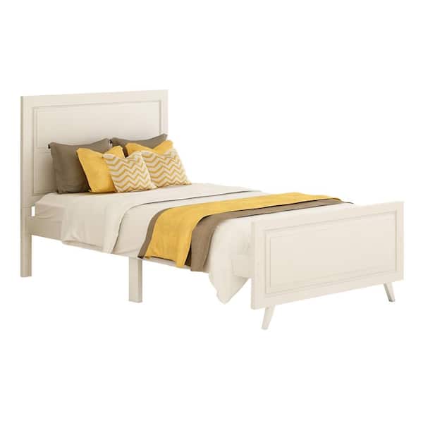 Polibi 42.30 in.W White Twin Wood Platform Bed Mattress Foundation with Headboard and Wood Slat Support
