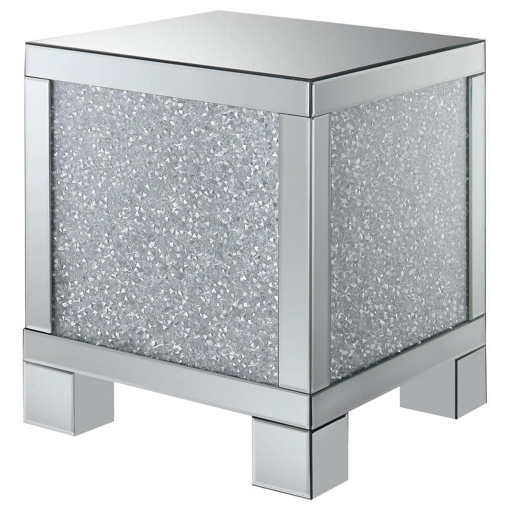 Silver Mirrored Square End Table with Crystal Accents