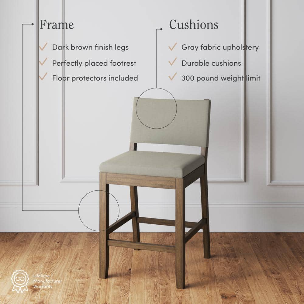 Linus Dark Brown Wood and Light Gray Linen Bar Stool