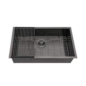 Loile 28 in. L Undermount Single Bowl 18 Gauge Gunmetal Black Stainless Steel Kitchen Sink with Grid, Rack and Strainer