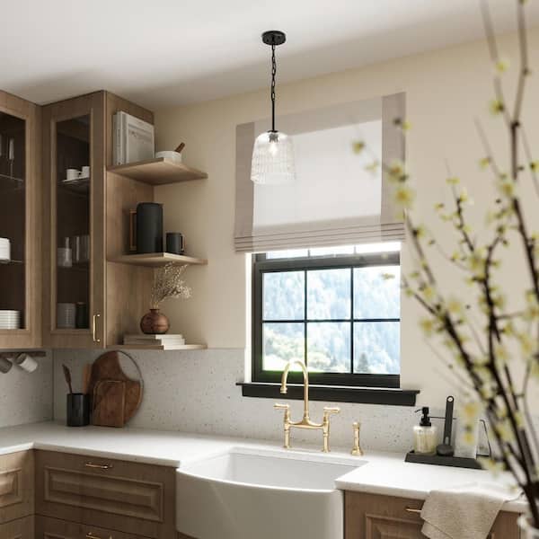 Mauzy Collection 1-Light Matte Black Transitional Pendant with Clear Water Glass Shade for Kitchen