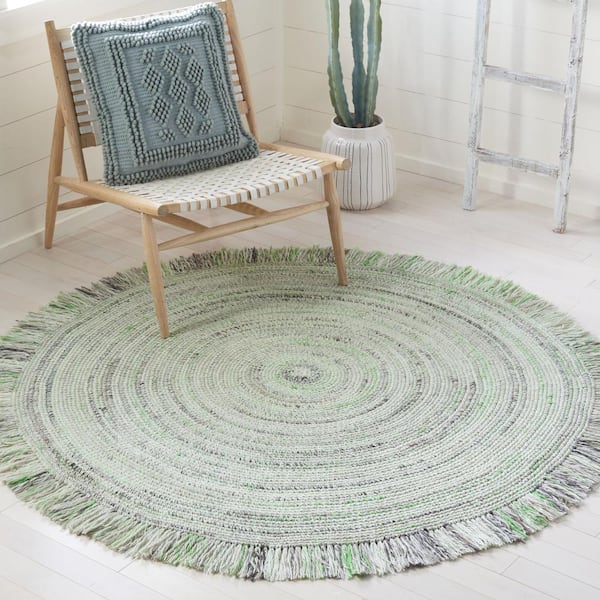 Braided Green/Ivory 4 ft. x 4 ft. Round Striped Geometric Area Rug