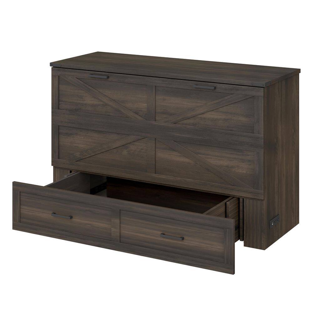 Rustic Gray Wood Frame Queen Farmhouse Murphy Bed with Charging Station, Foldable Cabinet Bed with Large Storage Drawer - thumbnail 4