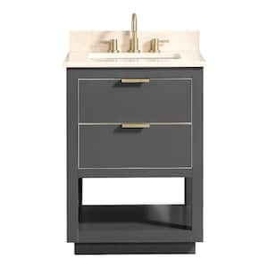 Allie 25 in. W x 22 in. D Bath Vanity in Gray with Gold Trim with Marble Vanity Top in Crema Marfil with Basin