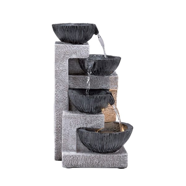 Alpine Corporation 14 in. Tall Cascading Tabletop Bowl Fountain Decoration with LED Lights, Gray