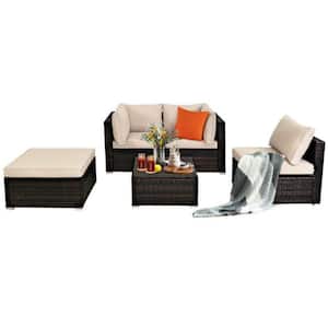 5-Piece Wicker Patio Conversation Set Sectional Rattan Furniture Set with Beige Cushions and Ottoman Table