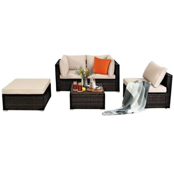 Clihome 5-Piece Wicker Patio Conversation Set Sectional Rattan Furniture Set with Beige Cushions and Ottoman Table