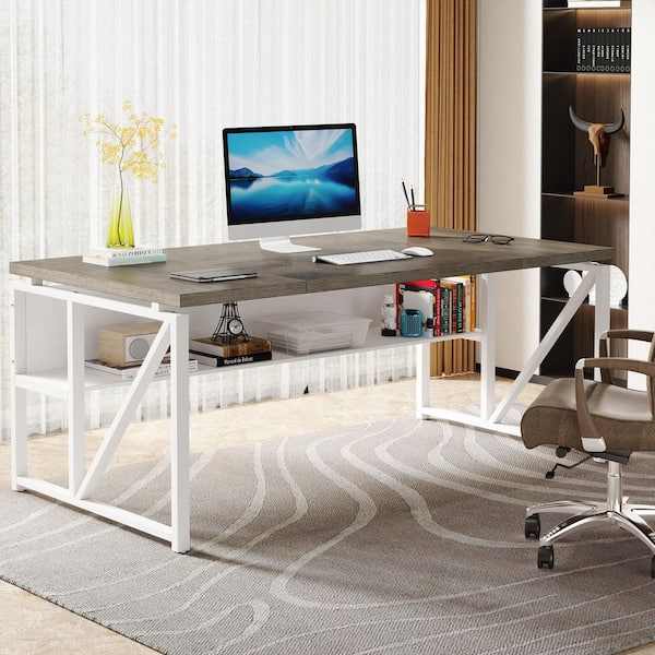 BYBLIGHT Moronia 63 in. Rectangular Gray and White Engineered Wood Computer Desk with Storage Shelf