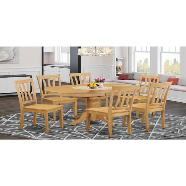 East West Furniture 7-Piece Oval Natural Oak Finish Solid Wood Top Dining Table with 6-Chairs with Lattice Back