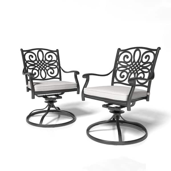 Mondawe Cast Aluminum Outdoor Swivel Dining Chair with Gray Cushions (Set of 2)