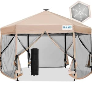 Outdoor 13 ft. x 13 ft. Pop Up Gazebo Canopy With Mosquito Netting, Screen House Tent Easy Set up with LED Lights-Beige